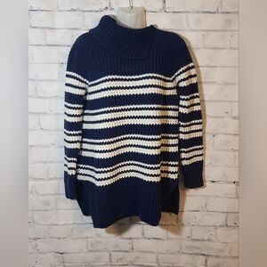 Lands End Chunky Navy Striped Turtleneck Sweater Small